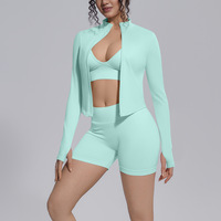 Ensemble de sport 2 pièces en maille sans couture pour femme avec soutien-gorge dos nu, short et veste zippée en coton et élasthanne, idéal pour l'entraînement estival