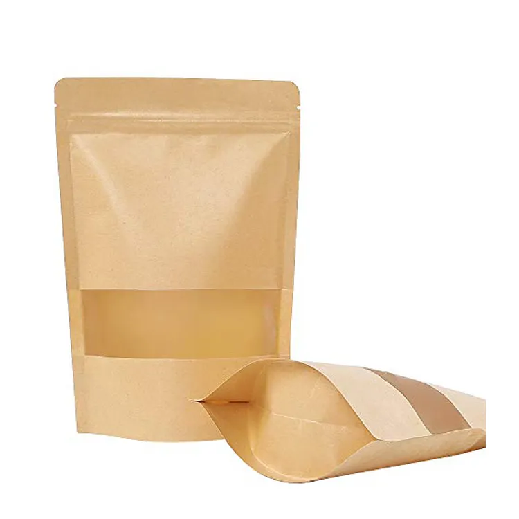 Kraft Stand Up Pouches Ziplock Stand Up sacchetti di carta con finestra opaca termosaldabile riutilizzabile per la casa o il lavoro