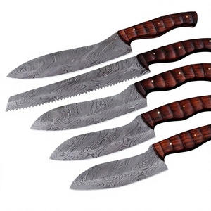 Ensemble de couteaux de cuisine en acier Damas, 5 pièces, lames de chef avec manche en bois de rose, épaisseur 4 mm, finition brossée - Product Image 1