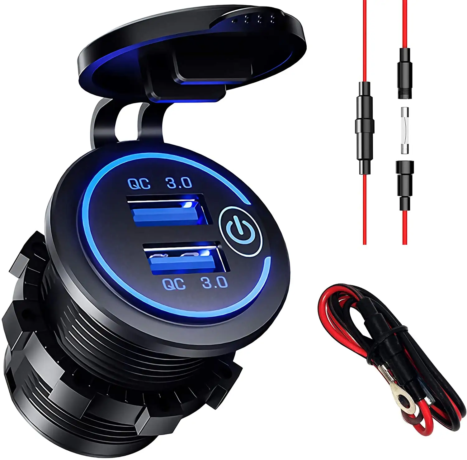 12V USB Outlet, Quick Charge 3.0 Dual USB Power Outlet DIY Car Charger Socket with Touch Switch 36W 12V/24V Fast Charger Waterpr