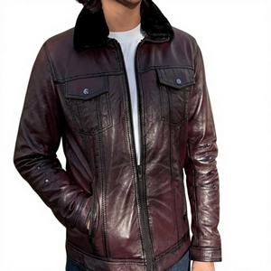 Mens <b>Maroon</b> Leather Quilted Trucker Jacket Mandarin Collar Vintage Western Style Winter Warm <b>Coat</b> Real Lambskin Casual Outerwear - Product Image 1