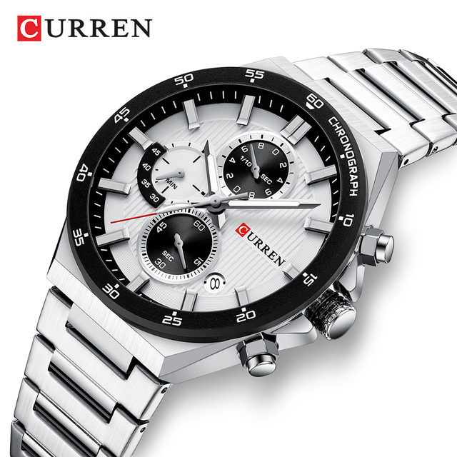 CURREN 8481 Chronograph Three Eyes Dial Second Timing Stainless Steel Strap Quartz Watch Luminous Hands Waterproof Reloj Watches