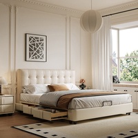 Lit double en cuir véritable capitonné style crème, avec rangement et tiroirs, design rétro français tendance, idéal pour petite chambre à coucher
