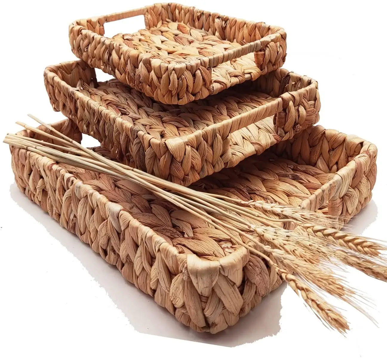 Rectangle Storage Basket for Coffee Table Centerpieces Seagrass Woven Water Hyacinth Rattan Serving Tray for Kitchen Counter