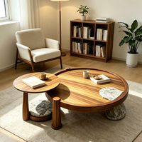 Ensemble de tables basses gigognes rondes avec plateau en bambou, pieds en bois massif et pierre, mobilier moderne pour hôtel, appartement, projet de vente en gros