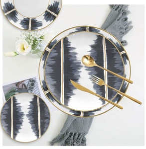 Nordic Light Luxury Wedding <strong>Black</strong> Marble Plates Ceramic <strong>Dinner</strong> <strong>Sets</strong> with Gold Rimmed - Product Image 3
