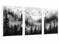 Set Triptych Seni Dinding Hutan Berkabut Zen Ink Wash, 3 Buah, Cetakan Kanvas Pohon Pinus Bulan, Dekorasi Alam Abstrak Tanpa Bingkai untuk Ruang Tamu