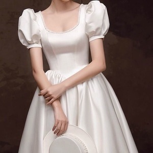 French Style Satin Wedding Dress White Square Collar Puff Sleeve A Line Bridal Gown For Wedding Banquet Women Spring - Product Image 2