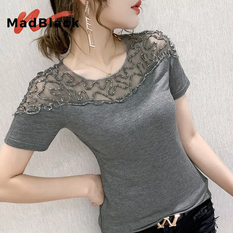 MadBlack Summer European Clothes O Necks T-Shirt Women Sexy Hollow Out Lace Diamonds Slim Tops Short Sleeves Elastic TeesT35652C