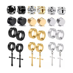 Pendientes de clip para hombre, diseño de cruz, acero de titanio, 6 mm, 8 mm, conjunto de joyería de moda estilo callejero - Product Image 1