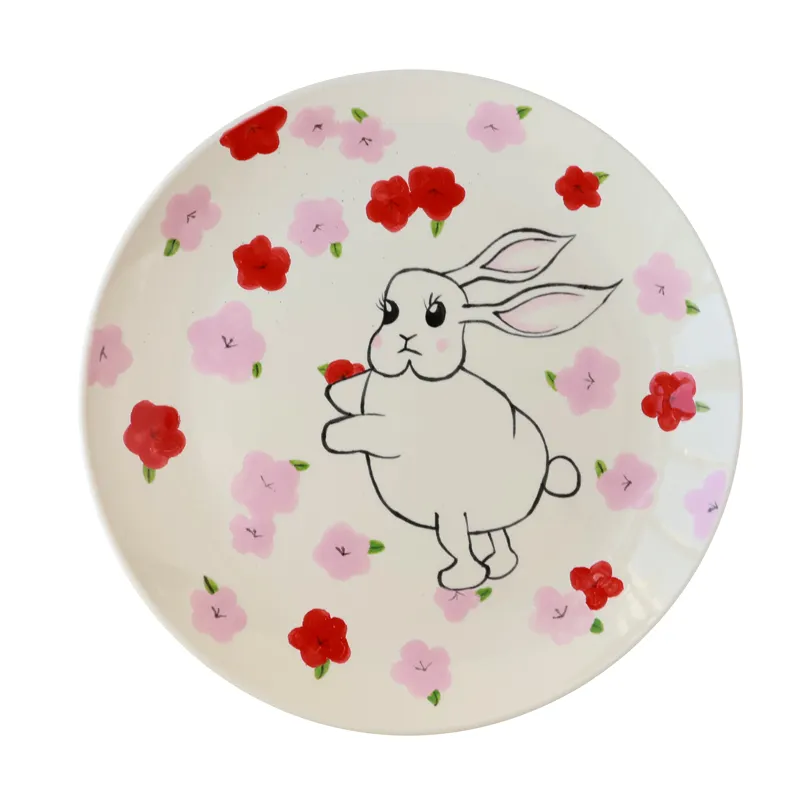 Ins niedlicher handgezeichneter kleiner blumen-kaninchen-dekorationsteller heim niedlich und lustig frühstücksteller mädchen rosa keramik-essteller