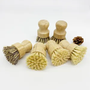 Cepillo de limpieza de cerdas de sisal biodegradables 100% respetuoso con el medio ambiente, cepillo redondo corto de bambú para platos de cocina sostenible