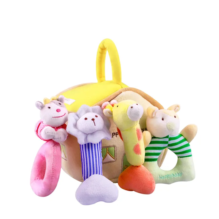 N0125 Custom 0-12 months baby house set animal rattle soft baby toy plush baby toy