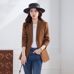 Women's Blazer Dark Brown Wool Slim Fit Solid Color Suit Top For Casual Wear - Product Image 1