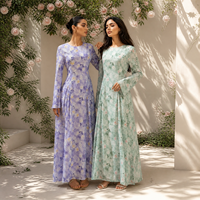 Robes pour femmes Loriya, imprimées, en pur coton, robe florale modeste avec manches évasées et ceinture au dos, abaya quotidienne pour femmes, robe musulmane