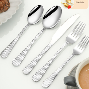 Ensemble de couverts de haute qualité, fourchette, cuillère et couteau, plaqué or, acier inoxydable martelé, pour hôtel et restaurant - Product Image 4