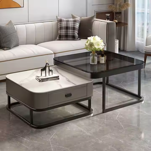 Simple Modern Square Coffee <strong>Table</strong> for Living Room Light Luxury Glass Design <strong>Adjustable</strong> <strong>Height</strong> Metal Rock Slab for Small 2 Pieces - Product Image 5