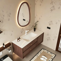 Ensemble de meuble-lavabo de salle de bain de style mi-ancien, couleur noyer, lavabo intégré en pierre frittée thermoformée, personnalisable