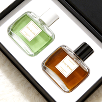 Vente en gros de flacons de parfum vides en verre carrés de 50 ml avec bouchon noir brillant, emballage personnalisé avec logo, boîte cadeau