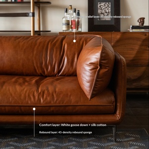 Sofá de Cuero Encerado Estilo Vintage de Mediados de Siglo, Sofá Recto de 3-4 Plazas para Sala de Estar Pequeña - Product Image 3