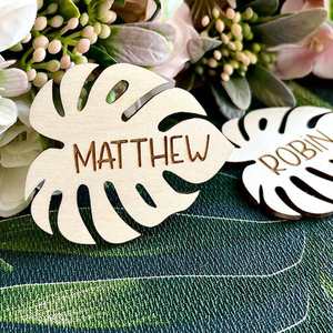 Custom Monstera Leaf Wood Name Place Card - Tropical Wedding Table Coaster Party Shower Favor - Product Image 3