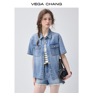 Ensemble deux pièces en denim bleu clair VEGA CHANG pour femmes, chemise à manches courtes et short en denim à ourlet effiloché, <span class=keywords><strong>tenue</strong></span> décontractée - Product Image 2