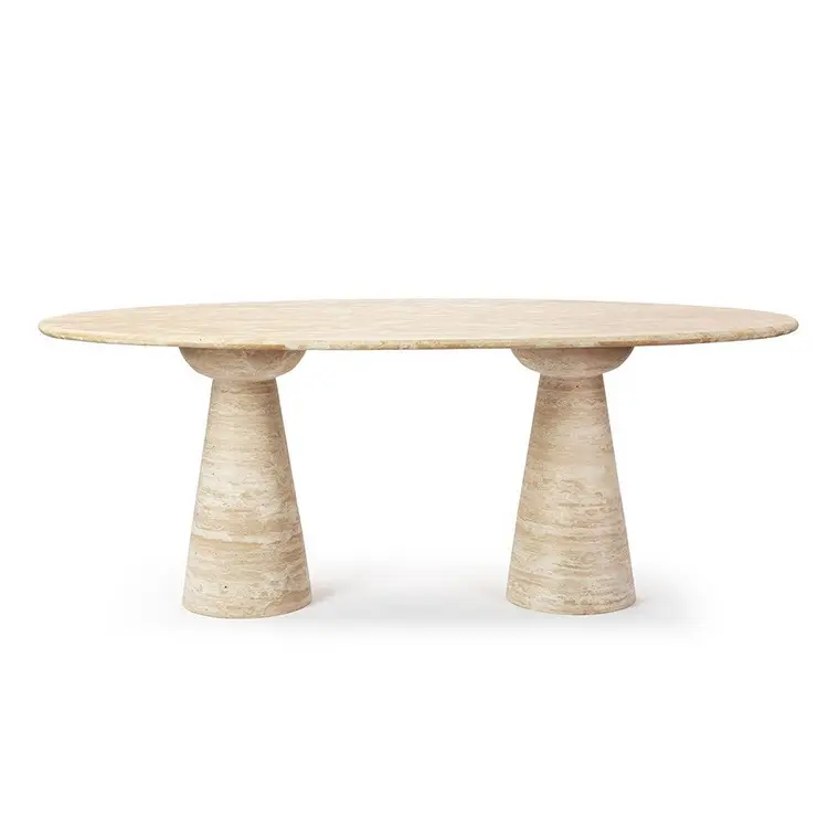 Luxury Dario Oval Stone Table with Bi Conical Pedestal Base Beige Travertine Oval Dining Tables