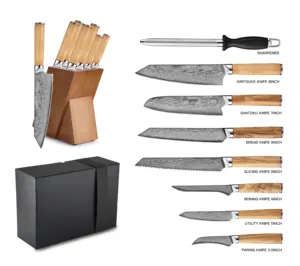 giapponese knife block Suppliers-Coltelli da cucina giapponesi AUS10 in acciaio damasco con manico in legno di ulivo 9 pezzi con blocco in legno