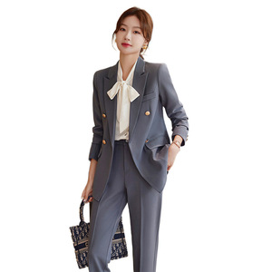 Women's Suit Set Gray Double Breasted Blazer With Bow Tie Anti-Wrinkle Solid Color Casual Work Wear - Product Image 5