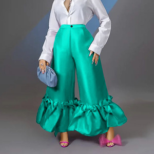 Pantalon évasé vert uni élégant <span class=keywords><strong>taille</strong></span> haute à volants pour <span class=keywords><strong>femme</strong></span>, <span class=keywords><strong>grande</strong></span> <span class=keywords><strong>taille</strong></span>, idéal pour l'été - Product Image 3