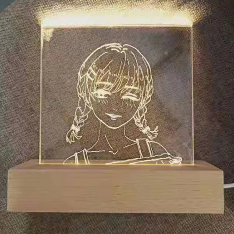 2024 nueva Base de madera Rectangular 3D Led lámpara de mesa acrílico grabado 3D lámpara de noche lámparas de mesa Led