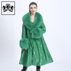 Janedur giacca di vera <span class=keywords><strong>pelle</strong></span> personalizzata in vera <span class=keywords><strong>pelle</strong></span> <span class=keywords><strong>trench</strong></span> invernale alla moda da donna alla moda con collo di volpe lungo in <span class=keywords><strong>pelle</strong></span> - Product Image 2