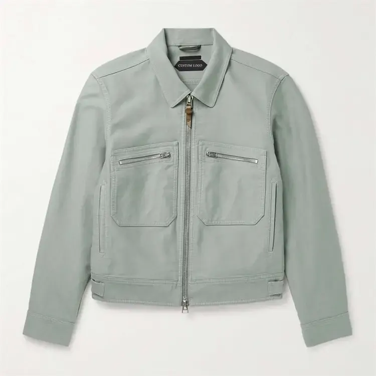 Vêtement personnalisé OEM 100% coton garni de cuir Veste blouson en jean délavé pour hommes