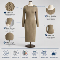Robe ajustée mi-longue en maille torsadée 300 GSM à col rond et manches longues pour femme, idéale pour le bureau et les occasions professionnelles, opaque, avec logo personnalisé, OEM, vente en gros
