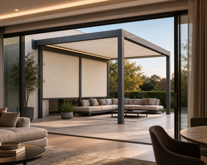 Pérgola motorizada de aluminio de lujo RKOVE RK-C2 con luces LED y pantalla lateral de privacidad, toldo impermeable. - Product Image 3