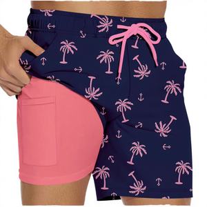 Men's Navy short Printed Quick Dry Board Shorts With Pockets Mid Waist Draw <b>string</b> Casual Swim wear - Product Image 1