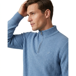 Pull col roulé 1/4 zip en laine bleu clair pour homme, manches classiques, couleur unie, anti-boulochage, idéal pour l'automne - Product Image 5