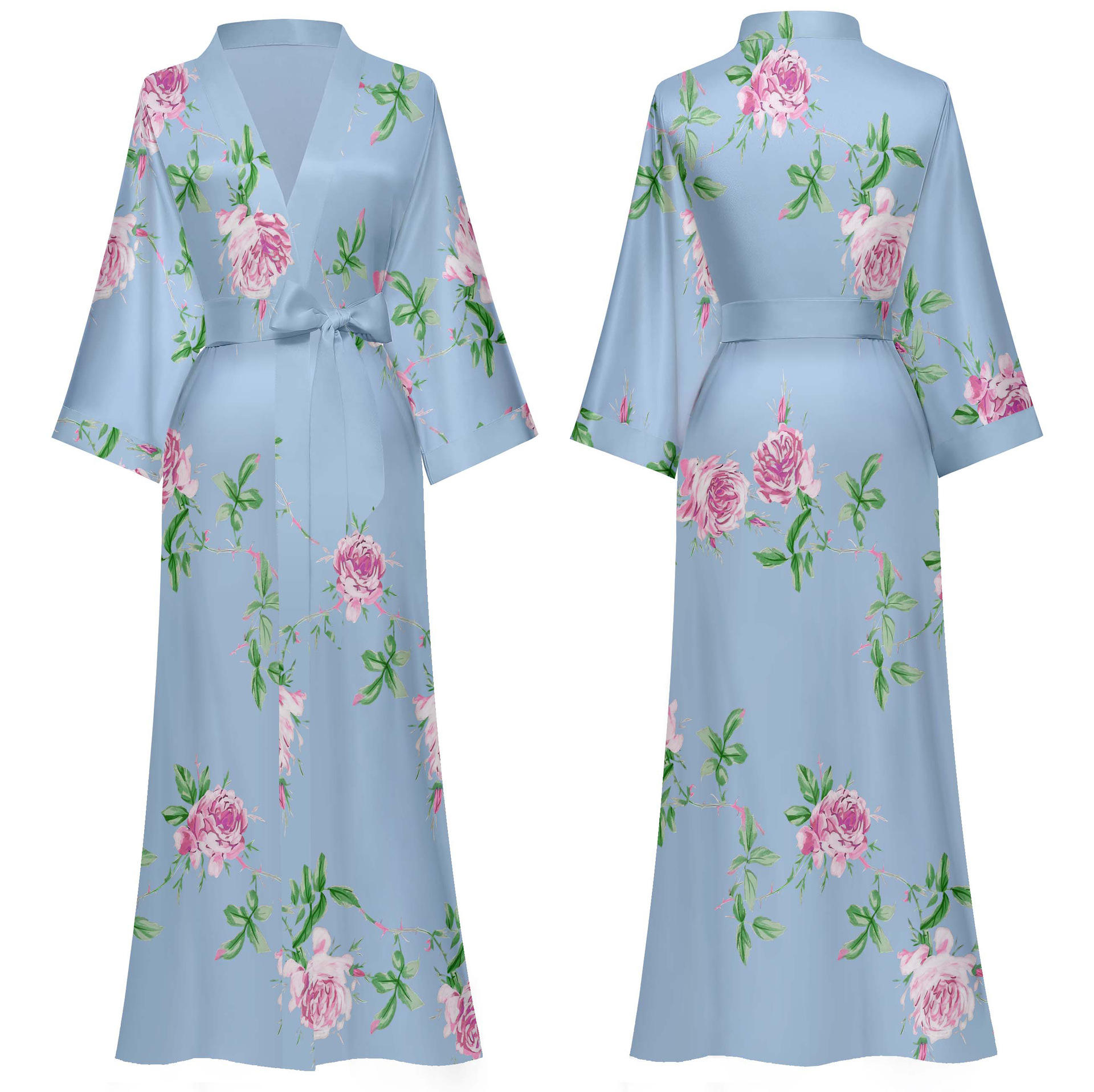 Bleu ciel - fleurs roses