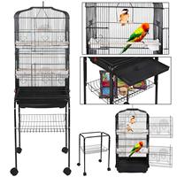 Volière moderne multi-niveaux pour oiseaux de compagnie avec toit incurvé, support métallique sur roulettes, étagère de rangement, plateau en plastique amovible et cage verrouillable pour