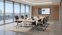 Table de conférence de bureau longue avec ports de gestion des câbles, plateau MFC moderne et design à pieds métalliques