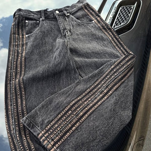 Sun Faded Custom Designer Striped Acid Washed Vintage Hip Hop High Waist Sun Faded Heavyweight Denim Baggy <strong>Men</strong> Streetwear <strong>Jeans</strong> - Product Image 2