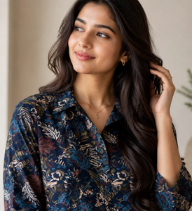 Navy Floral Print Cotton Co-Ord for Women Premium Breathable Wrinkle-Free Quick-Dry Casual Daily Wear Two Piece Outfit Summer - Product Image 3