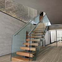 Escalier droit moderne d'intérieur avec marches en bois et acier carbone, garde-corps en verre, main courante en fer, taille personnalisée, pour salon