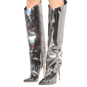 Collection Automne-Hiver 2024 - Bottines à bout ouvert pour femmes en cuir miroir, taille haute, bottines élégantes - Product Image 1