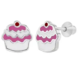 Grosir Cupcake Pink Enamel 925 Sterling Silver Screw Back Earrings untuk Bayi Perempuan Perhiasan