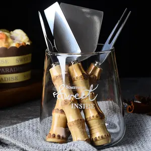 Desain baru alat pemotong keju Mini penyebar mentega garpu bambu pegangan akar baja tahan karat pisau keju Spatula garpu