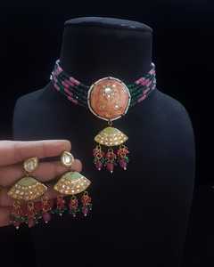 Traditional Kundan Pearl Choker Necklace Set with <b>Green</b> Beads - Gold Plated Bridal <b>Jewellery</b> for Weddings & Festivals - Product Image 5