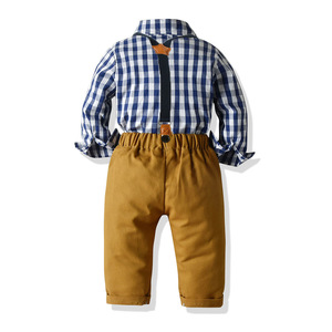 Enfants printemps automne chemise à manches longues Gentleman avec pantalon solide nœud bleu Plaid sangle garçon vêtements ensemble KBLS-017 - Product Image 4