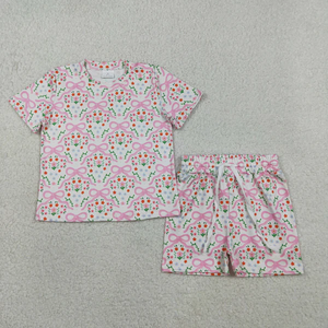 Ensemble d'été pour bébés filles, chemise à manches courtes avec nœuds et motifs floraux, short - Product Image 1