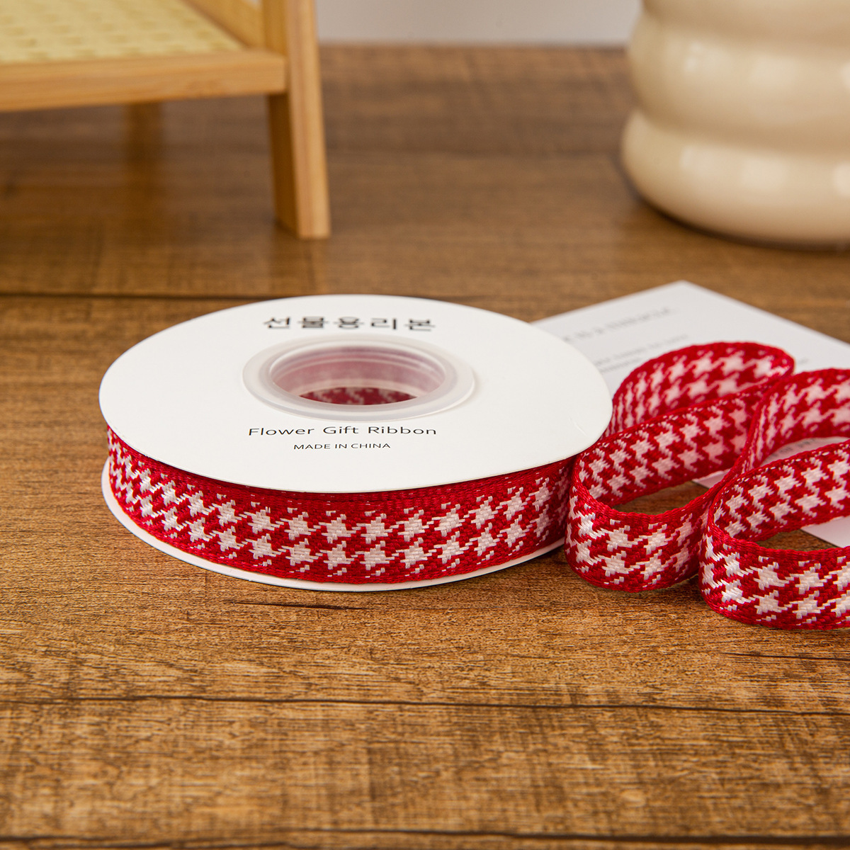 Sangle pied-de-poule rouge [type dur extra épais] de 1,5 cm, 10 mètres